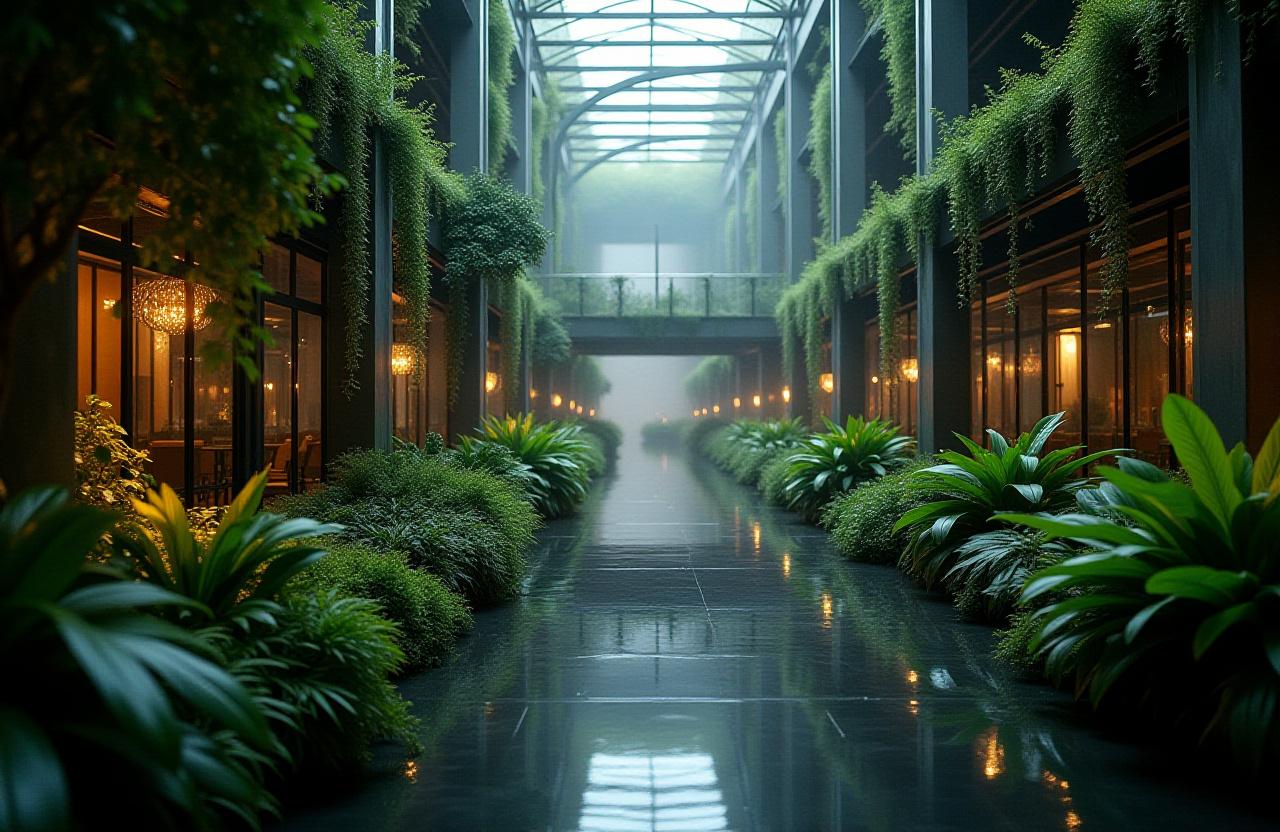 Lush modern atrium garden with industrial steel beams and automated lighting.