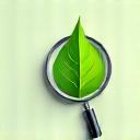 Icon representing site analysis with a magnifying glass over a leaf.