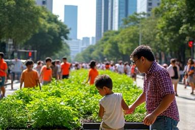 People interacting with a public urban farm installation on Orchard Road.