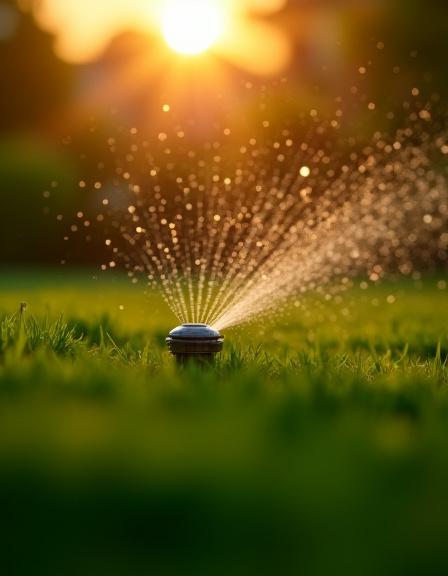 Close-up of a smart sprinkler head watering a manicured lawn at dusk.