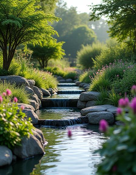 A beautiful, sustainable garden with native plants and a water feature.