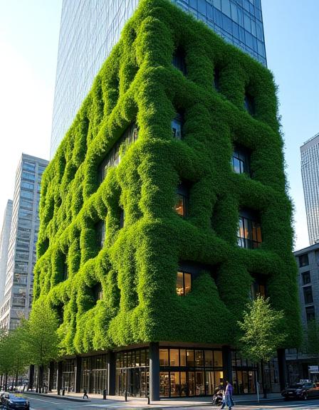 A large, lush vertical garden on the side of a modern office building.